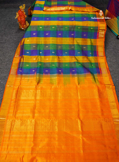 Pure Silk Cotton Saree - Paalum Pazham Checks Dual Tone Blue Yellow With Butta