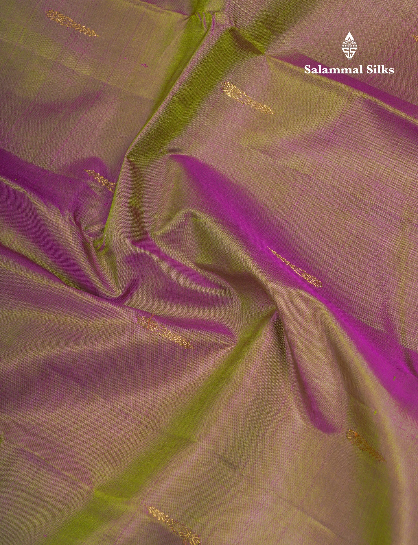 Beautiful Dual Tone Green Pure Kanjivaram Silk Saree With Violet Traditional Small Border