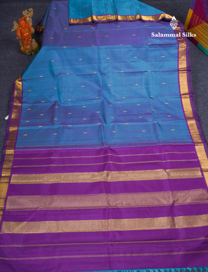 Beautiful Peacock Blue Pure Kanjivaram Silk Saree With Violet Traditional Small Border