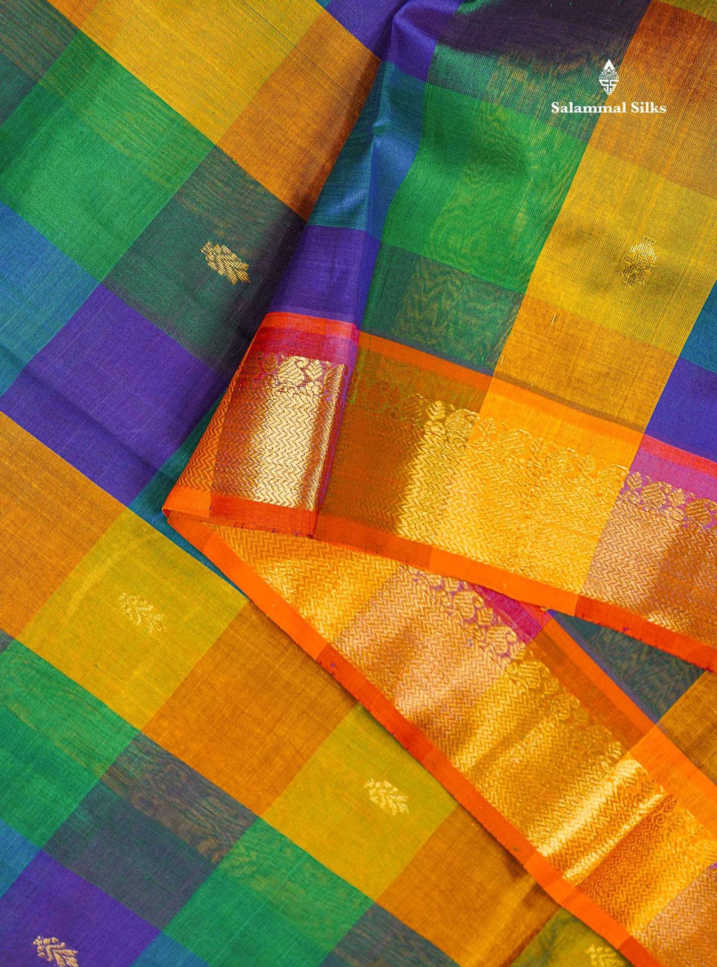 Pure Silk Cotton Saree - Paalum Pazham Checks Dual Tone Blue Yellow With Butta