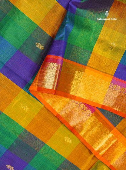 Pure Silk Cotton Saree - Paalum Pazham Checks Dual Tone Blue Yellow With Butta