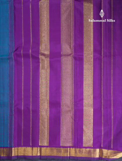 Beautiful Peacock Blue Pure Kanjivaram Silk Saree With Violet Traditional Small Border