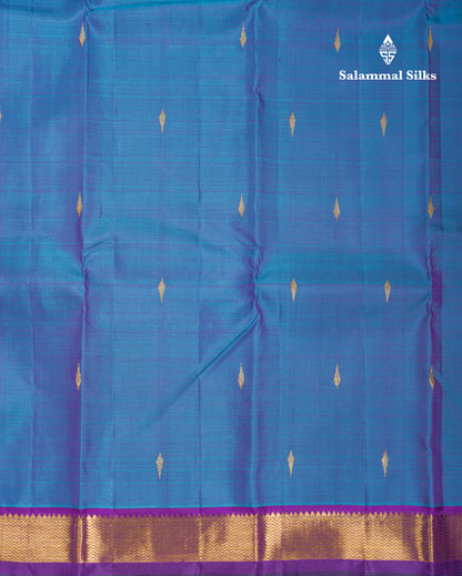 Beautiful Peacock Blue Pure Kanjivaram Silk Saree With Violet Traditional Small Border