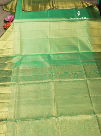 Beautiful Light Green Tissue Plain Pure Kanjivaram Silk Saree (2G) Zari With Self Border