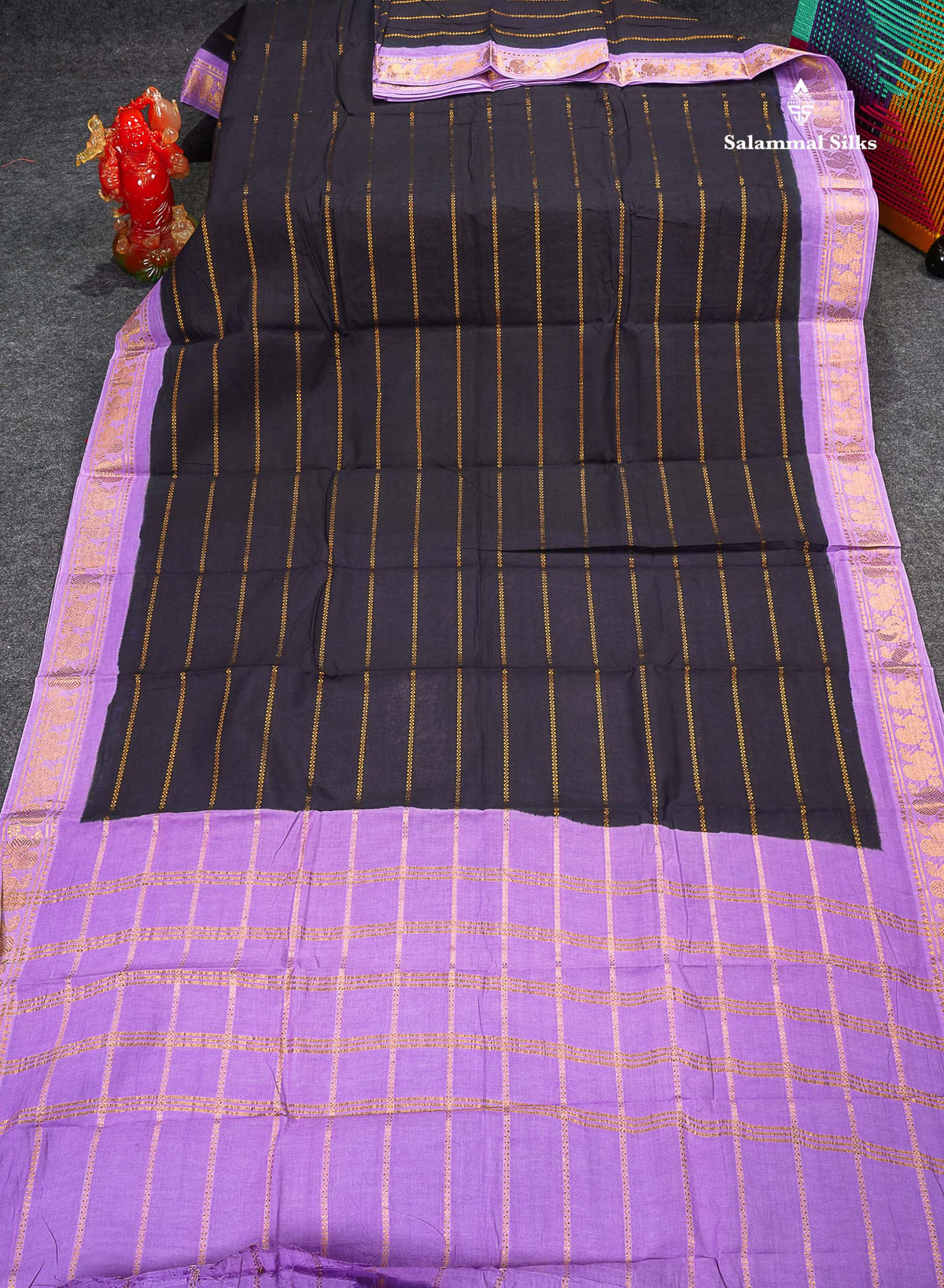 Sungudi Cotton Saree - Black Colour Body With Contrast Lavender Traditional Border