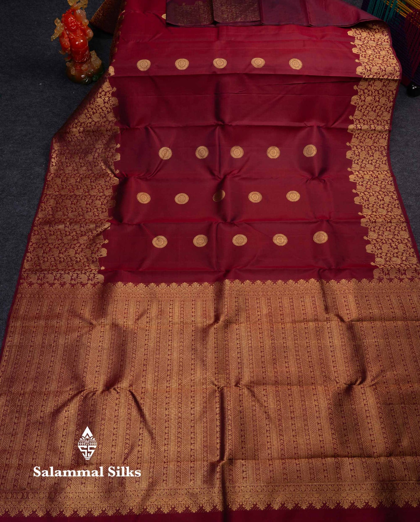 Beautiful Maroon Chakaram Butta Pure Kanjivaram Silk Saree With Elephant & Peacock Traditional Evening Morning Border