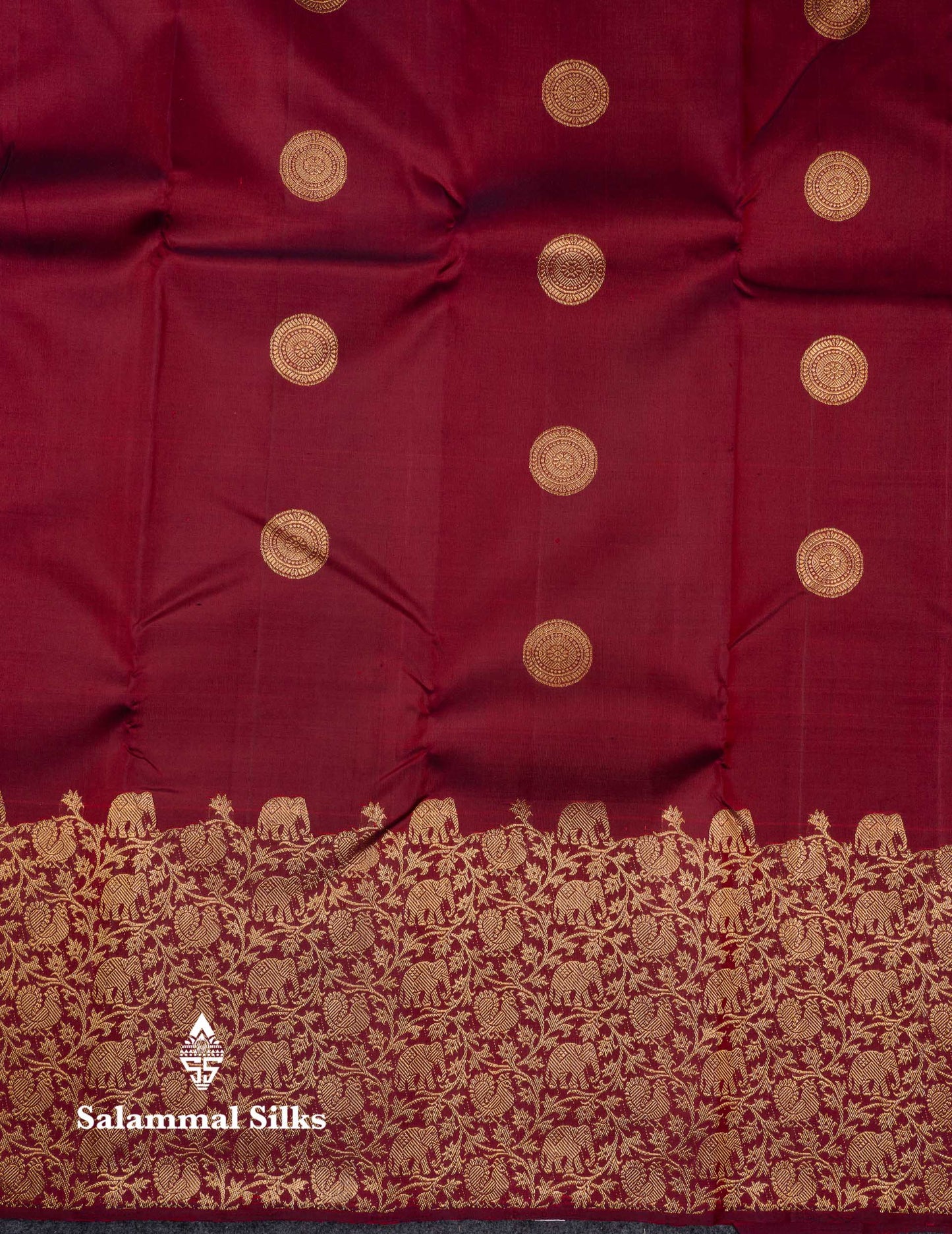 Beautiful Maroon Chakaram Butta Pure Kanjivaram Silk Saree With Elephant & Peacock Traditional Evening Morning Border