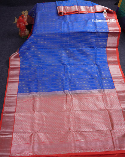 Beautiful Royal Blue Pure Kanjivaram Silk Saree With Contrast Orange Traditional Border