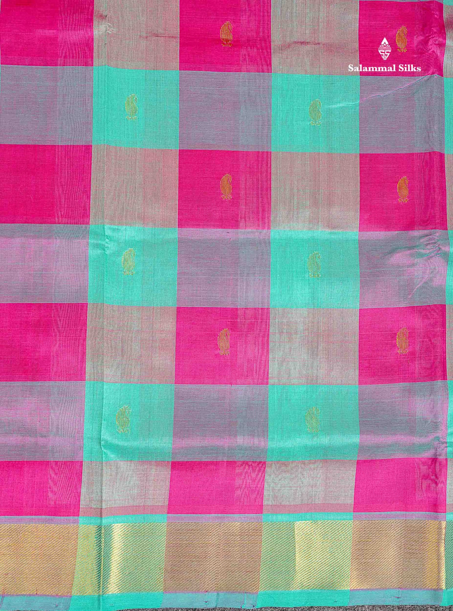 Pure Silk Cotton Saree - Paalum Pazham Checks Pink Sapphire Green With Butta
