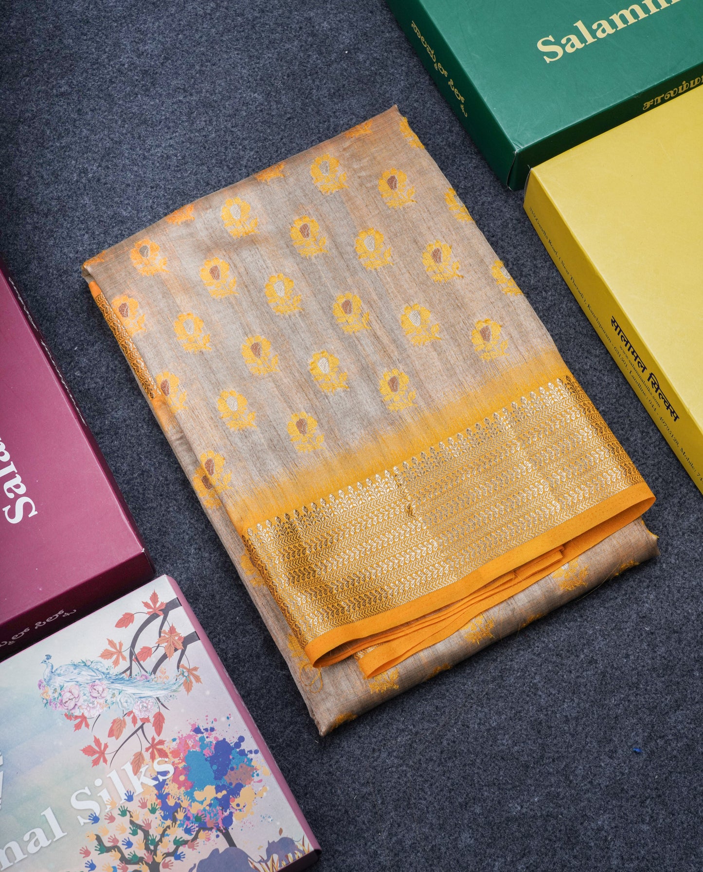 Light Sandal Semi Tussar Saree With Contrast Parrot Green Border