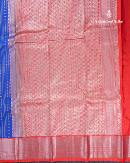 Beautiful Royal Blue Pure Kanjivaram Silk Saree With Contrast Orange Traditional Border