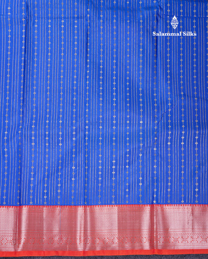 Beautiful Royal Blue Pure Kanjivaram Silk Saree With Contrast Orange Traditional Border