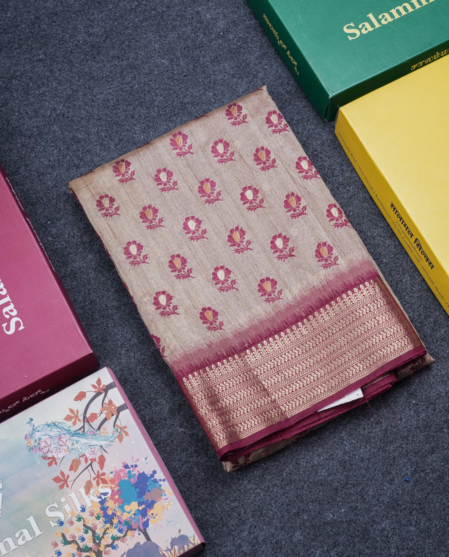 Light Chocolate Colour Semi Tussar Saree With Contrast Yellow Border