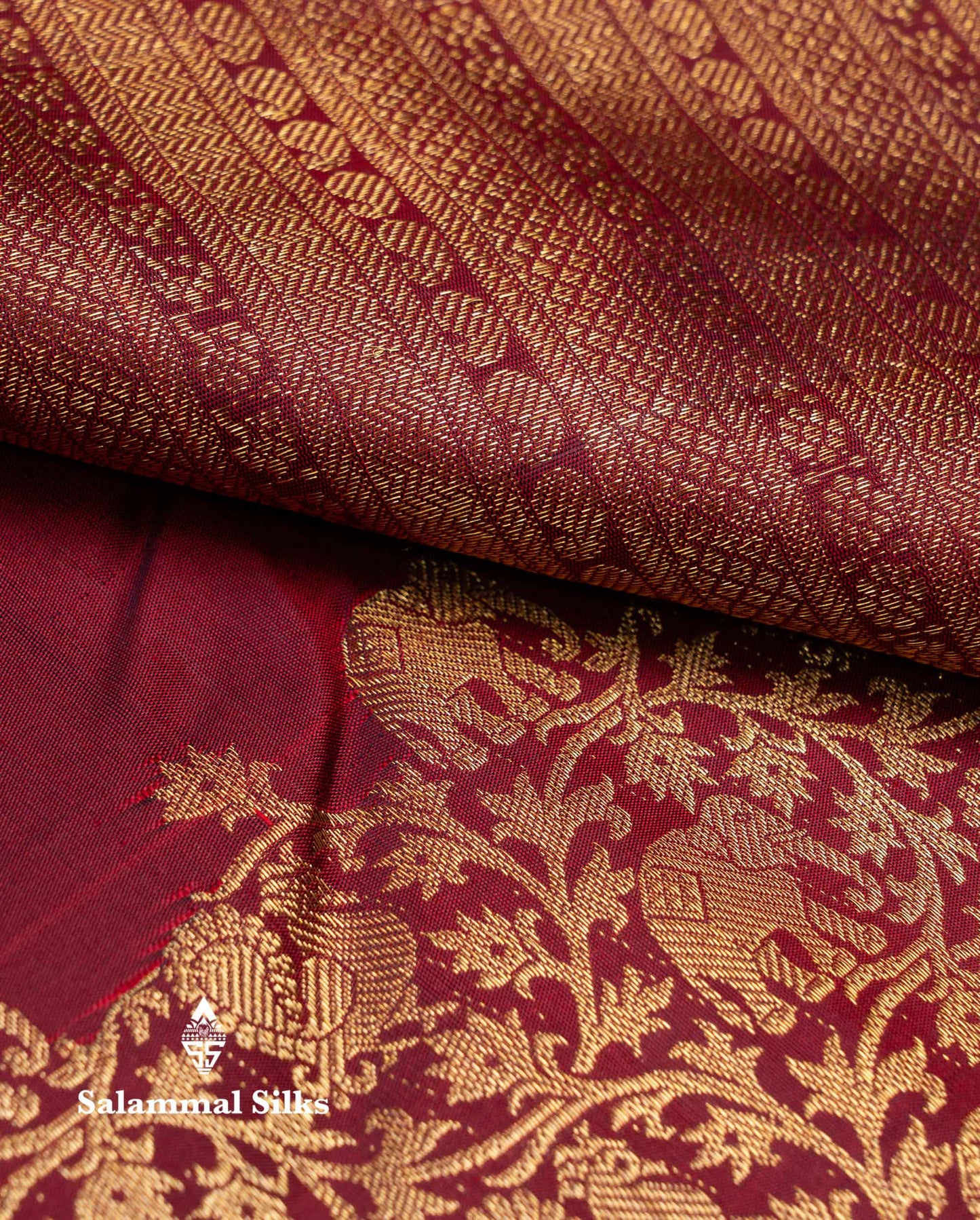 Beautiful Maroon Chakaram Butta Pure Kanjivaram Silk Saree With Elephant & Peacock Traditional Evening Morning Border