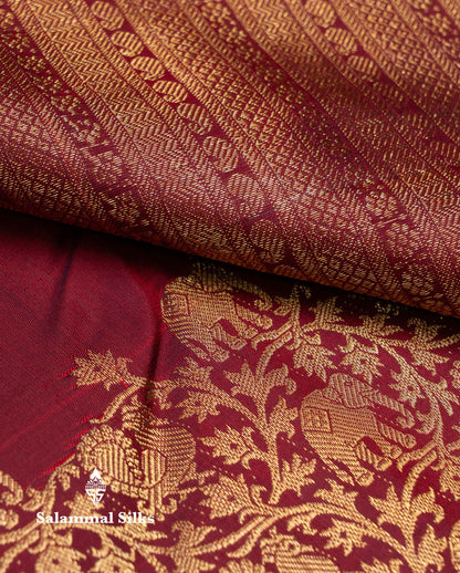 Beautiful Maroon Chakaram Butta Pure Kanjivaram Silk Saree With Elephant & Peacock Traditional Evening Morning Border