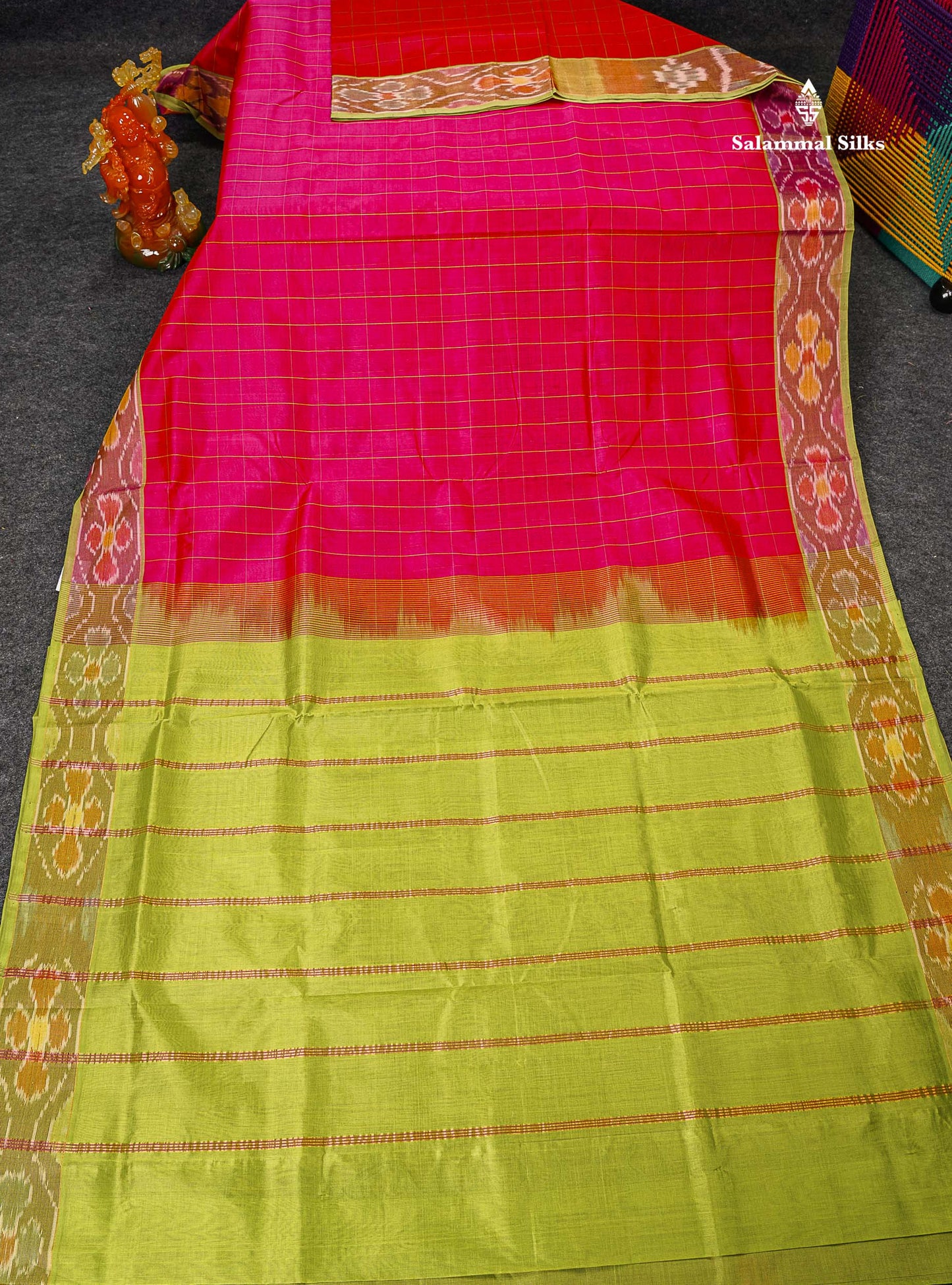 Pure Silk Cotton Saree - Dual Tone Pink Checks With Contrast Parrot Green Pochampalli Design Tissue Border