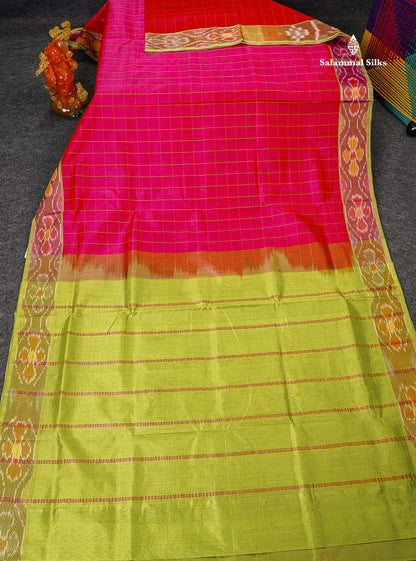 Pure Silk Cotton Saree - Dual Tone Pink Checks With Contrast Parrot Green Pochampalli Design Tissue Border