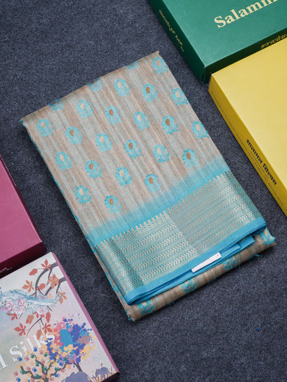 Light Chocolate Colour Semi Tussar Saree With Contrast Yellow Border