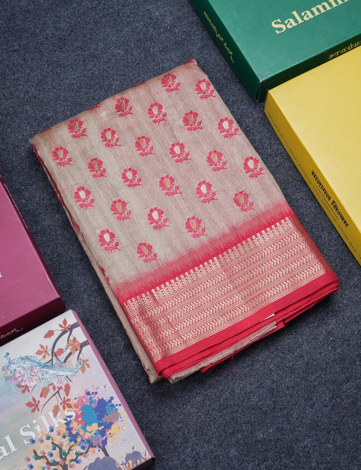 Light Chocolate Colour Semi Tussar Saree With Contrast Yellow Border