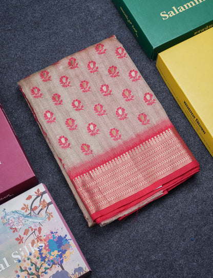 Light Chocolate Colour Semi Tussar Saree With Contrast Yellow Border
