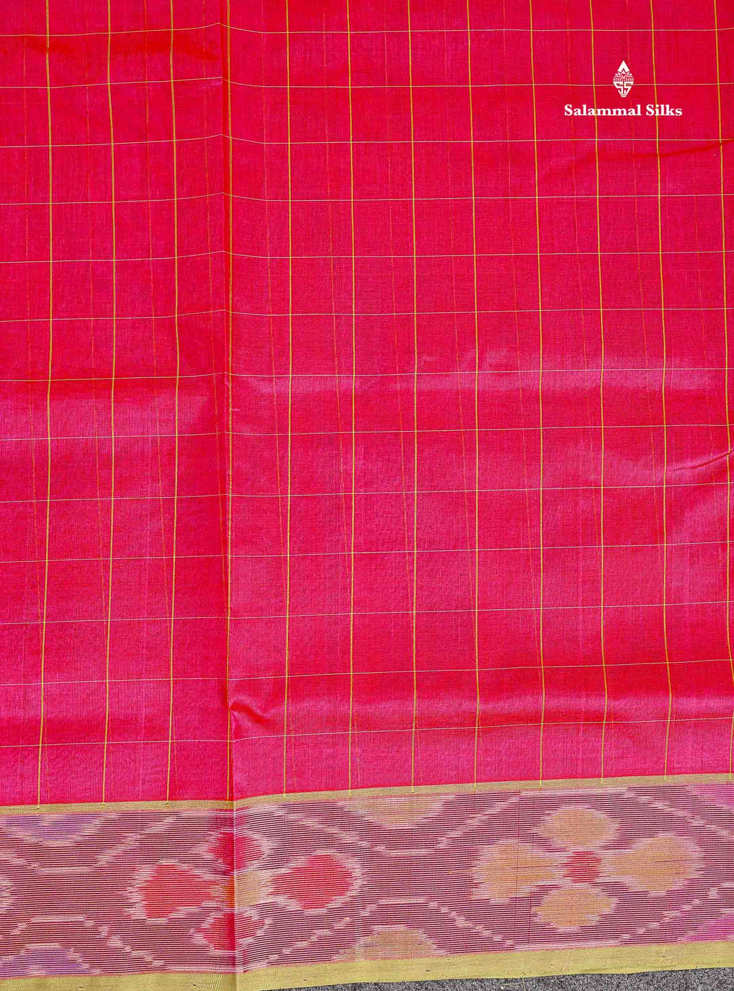 Pure Silk Cotton Saree - Dual Tone Pink Checks With Contrast Parrot Green Pochampalli Design Tissue Border