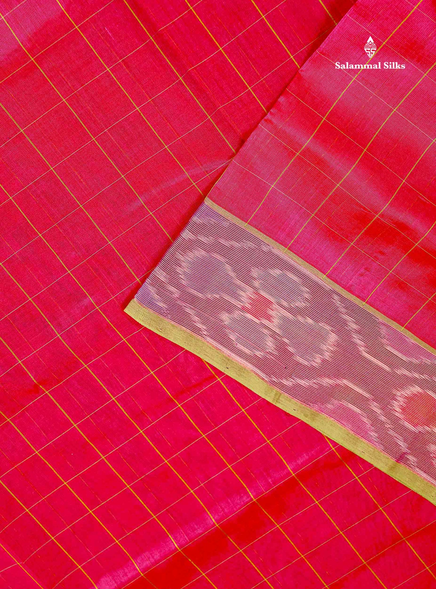 Pure Silk Cotton Saree - Dual Tone Pink Checks With Contrast Parrot Green Pochampalli Design Tissue Border