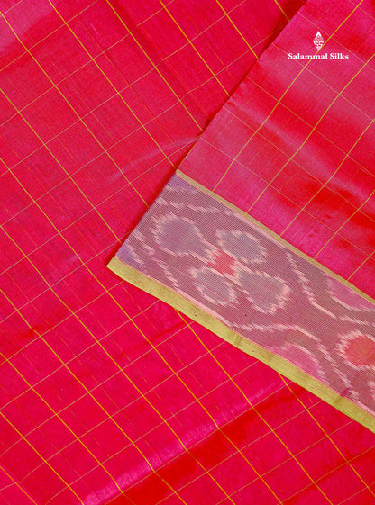 Pure Silk Cotton Saree - Dual Tone Pink Checks With Contrast Parrot Green Pochampalli Design Tissue Border