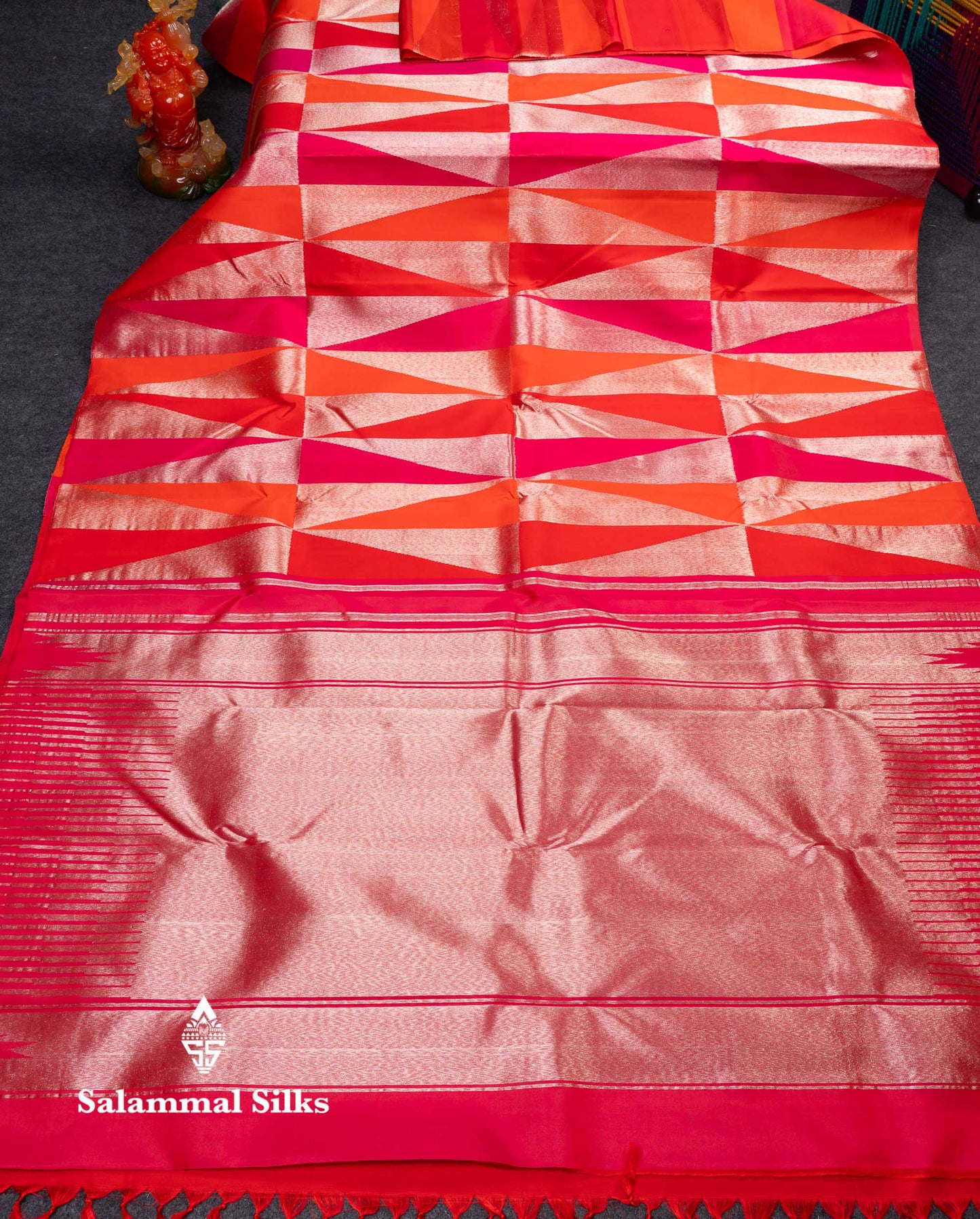 Beautiful Pink & Orange 8 Kol Pure Kanjivaram Silk Saree Contrast Pink Blouse