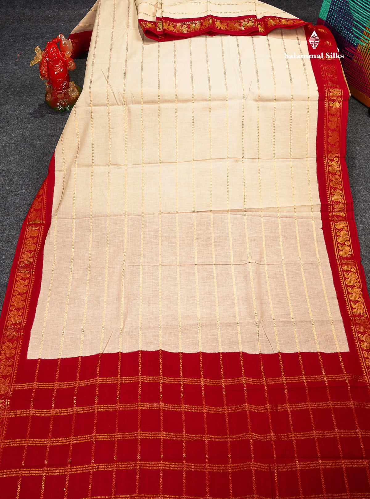 Sungudi Cotton Saree - Half White Colour Body With Contrast Chilly Red Traditional Border