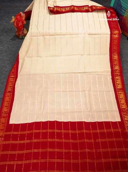 Sungudi Cotton Saree - Half White Colour Body With Contrast Chilly Red Traditional Border