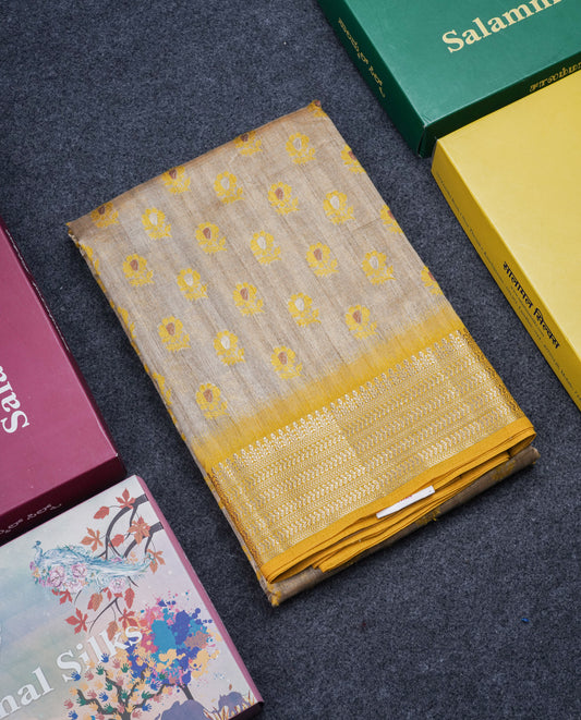 Light Chocolate Colour Semi Tussar Saree With Contrast Yellow Border