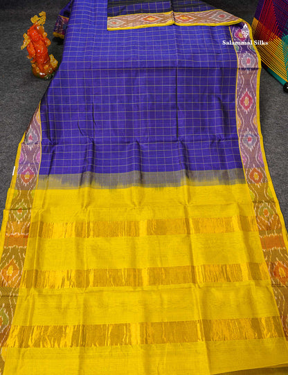 Pure Silk Cotton Saree - Dual Tone Navy Blue Checks With Contrast Lemon Yellow Pochampalli Design Tissue Border
