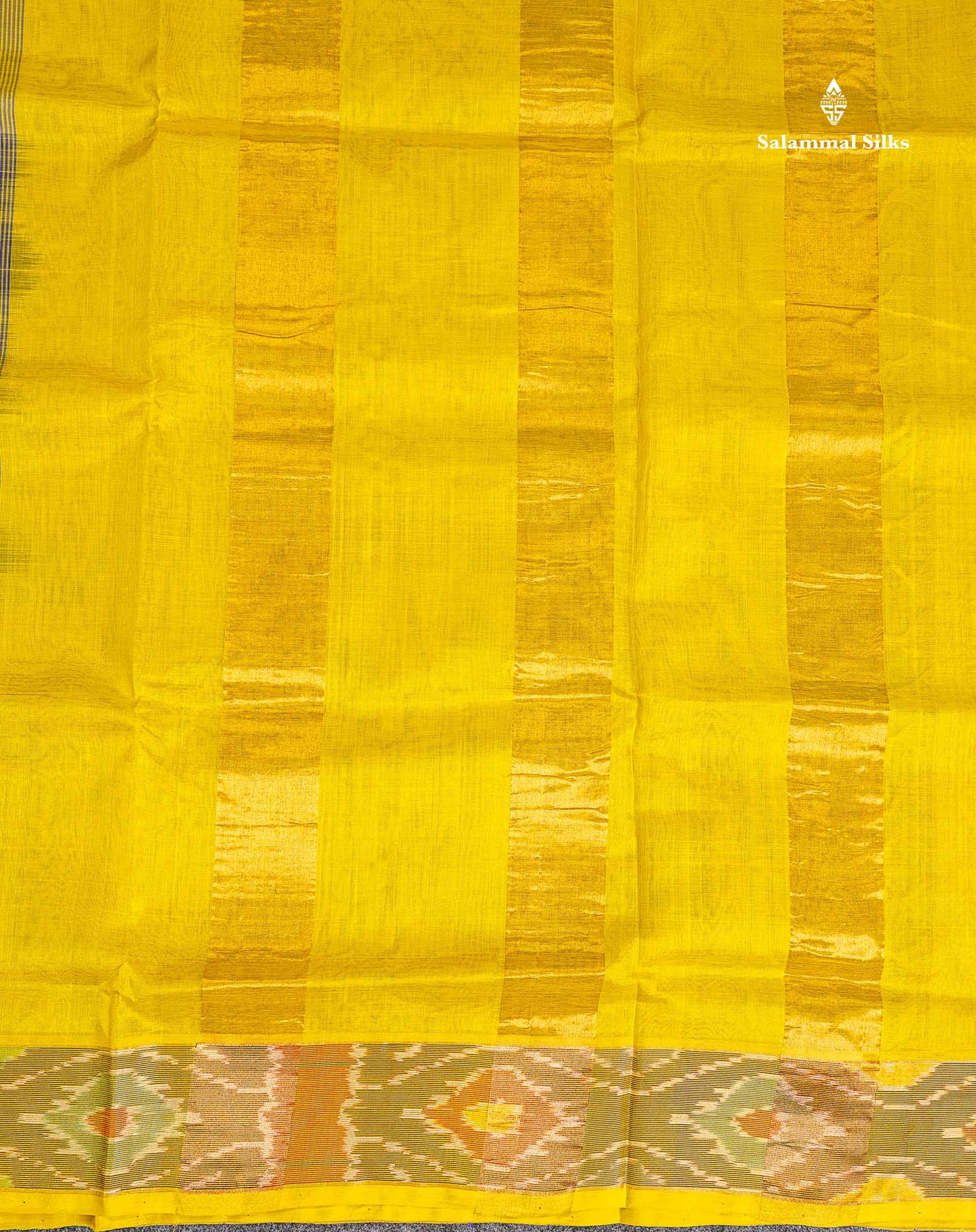 Pure Silk Cotton Saree - Dual Tone Navy Blue Checks With Contrast Lemon Yellow Pochampalli Design Tissue Border