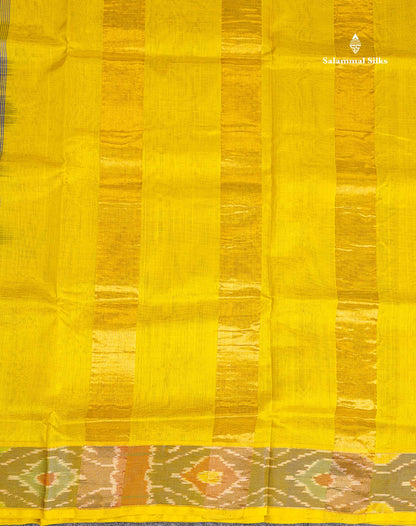 Pure Silk Cotton Saree - Dual Tone Navy Blue Checks With Contrast Lemon Yellow Pochampalli Design Tissue Border