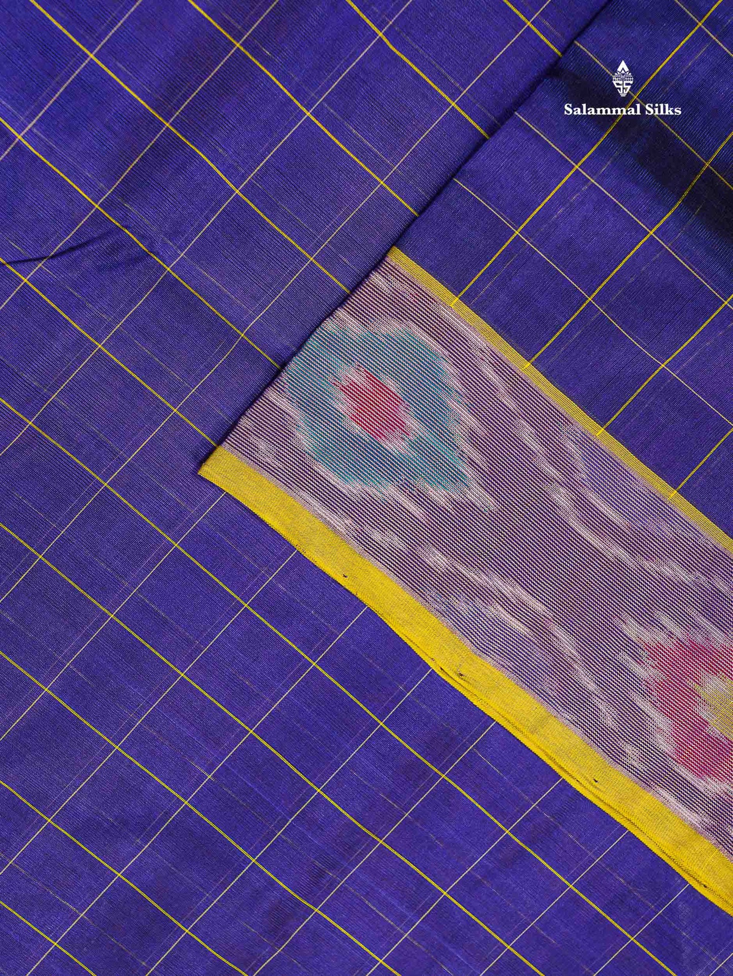 Pure Silk Cotton Saree - Dual Tone Navy Blue Checks With Contrast Lemon Yellow Pochampalli Design Tissue Border