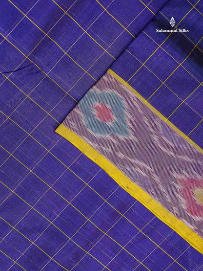 Pure Silk Cotton Saree - Dual Tone Navy Blue Checks With Contrast Lemon Yellow Pochampalli Design Tissue Border