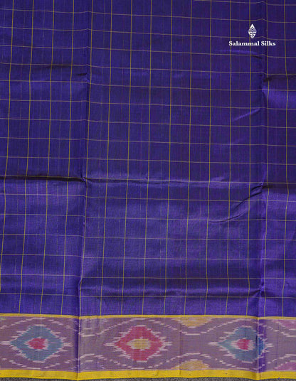 Pure Silk Cotton Saree - Dual Tone Navy Blue Checks With Contrast Lemon Yellow Pochampalli Design Tissue Border