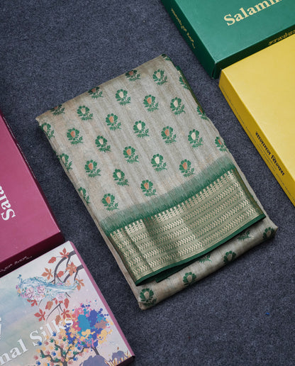 Light Chocolate Colour Semi Tussar Saree With Contrast Yellow Border