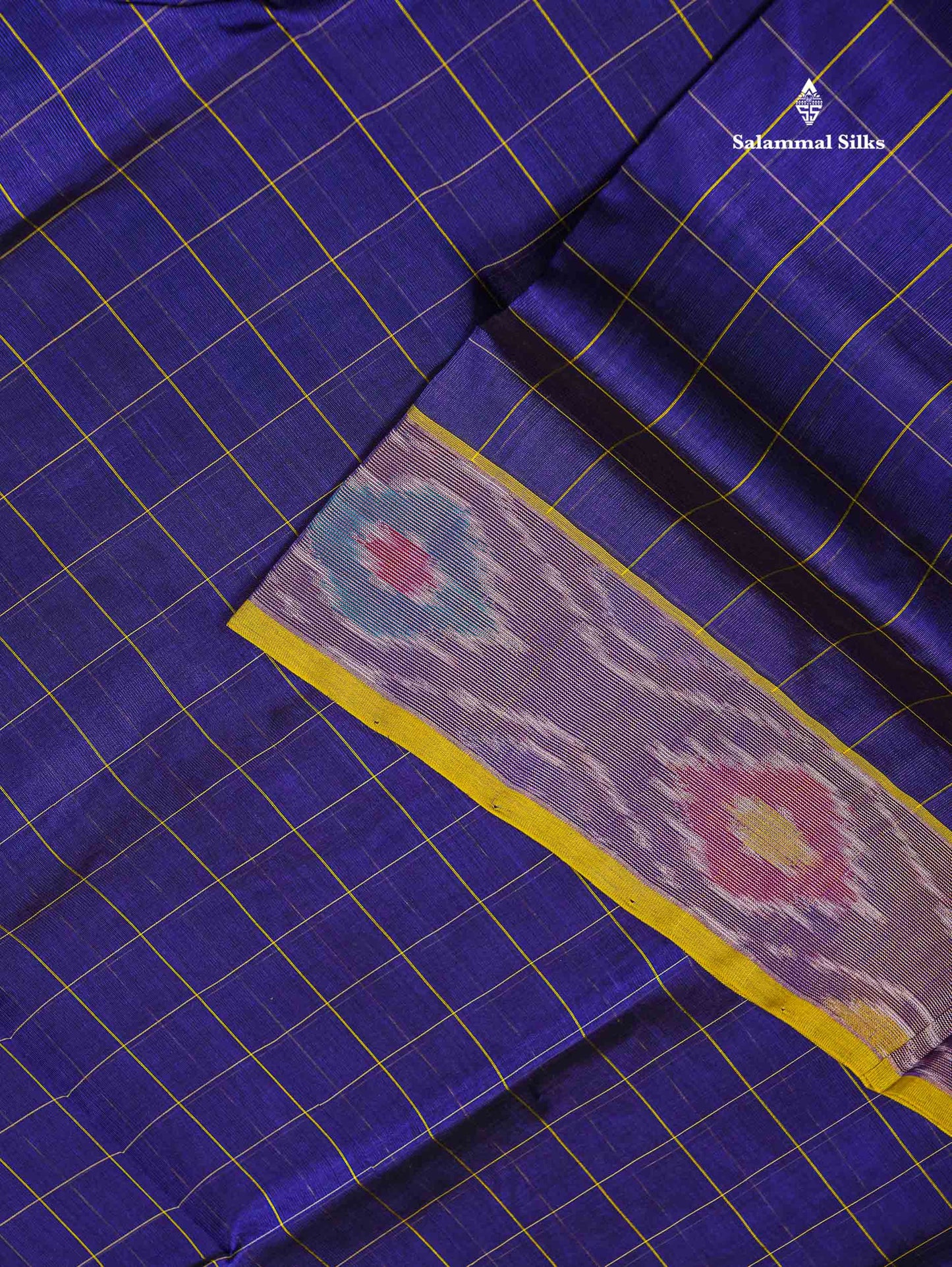 Pure Silk Cotton Saree - Dual Tone Navy Blue Checks With Contrast Lemon Yellow Pochampalli Design Tissue Border