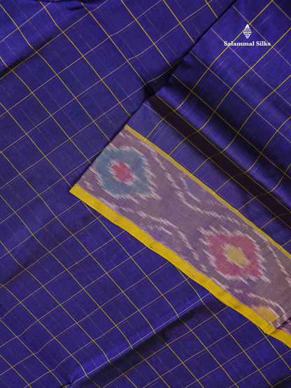 Pure Silk Cotton Saree - Dual Tone Navy Blue Checks With Contrast Lemon Yellow Pochampalli Design Tissue Border