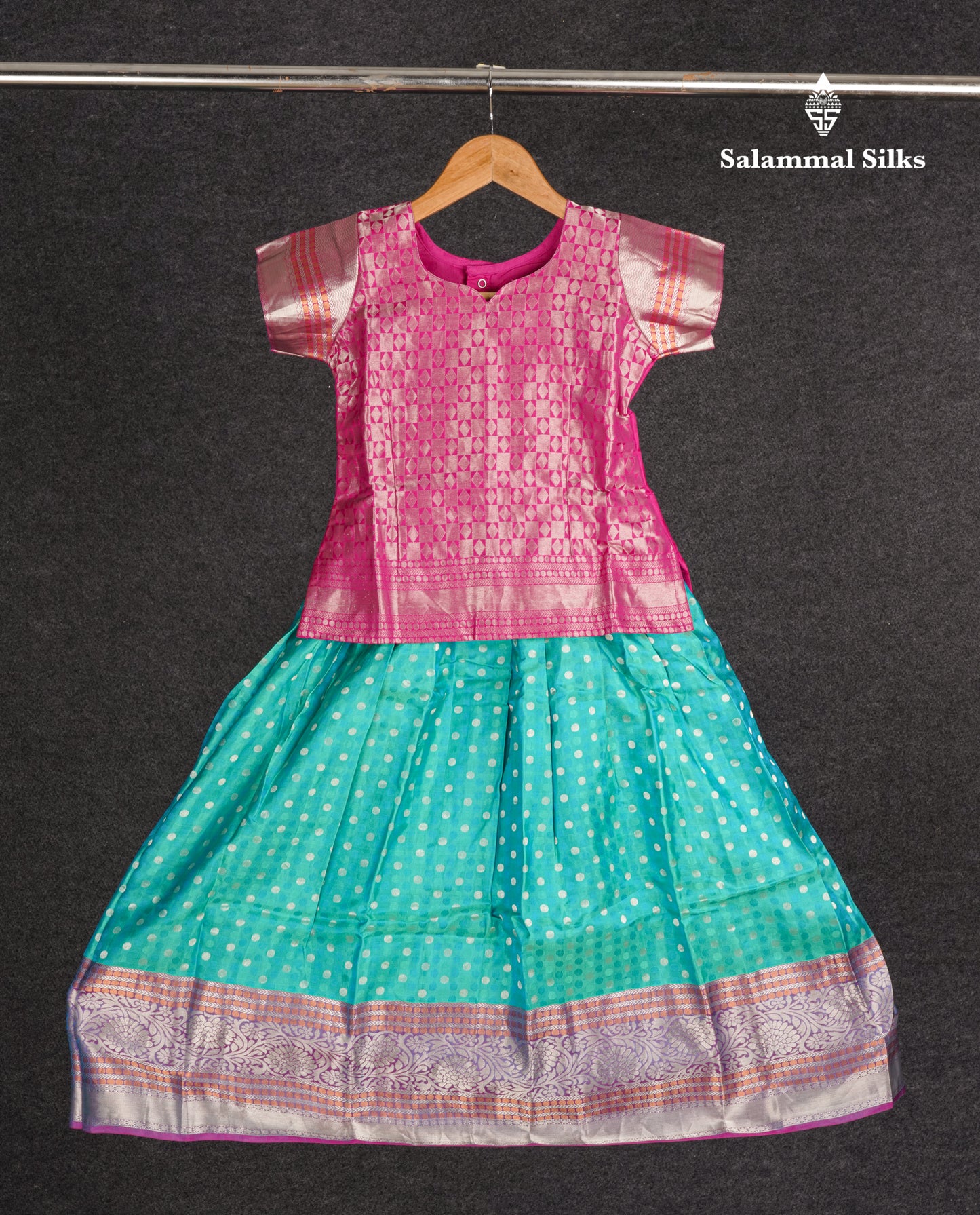Readymade Pure Silk Pattu Pavadai - Pink With Sapphire Blue (5 TO 6 Yrs)