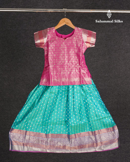 Readymade Pure Silk Pattu Pavadai - Pink With Sapphire Blue (5 TO 6 Yrs)