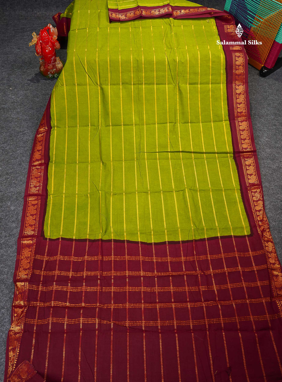 Sungudi Cotton Saree - Parrot Green Colour Body With Contrast Maroon Traditional Border