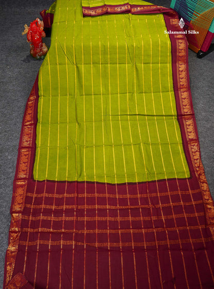 Sungudi Cotton Saree - Parrot Green Colour Body With Contrast Maroon Traditional Border