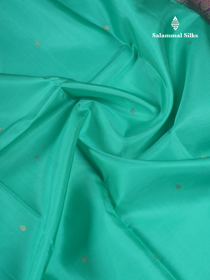 Beautiful Sapphire Green Pure Kanjivaram Silk Saree With Contrast Magenta Traditional Border