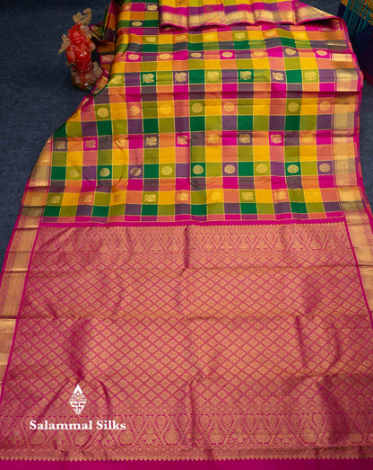 Beautiful Paalum Pazham Checks Pure Kanjivaram Silk Saree With Traditional Border