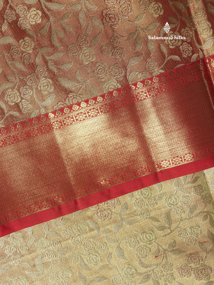 Light Orange Tissue Bridal Pure Kanjivaram Silk Saree With Contrast Chilly Red Border