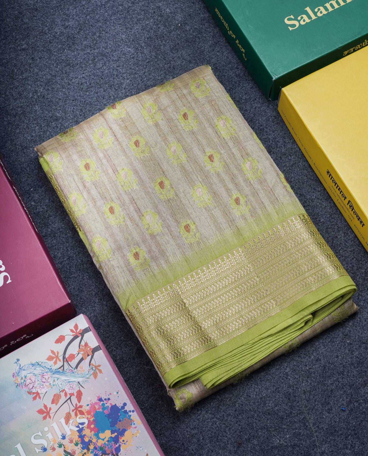 Light Sandal Semi Tussar Saree With Contrast Parrot Green Border