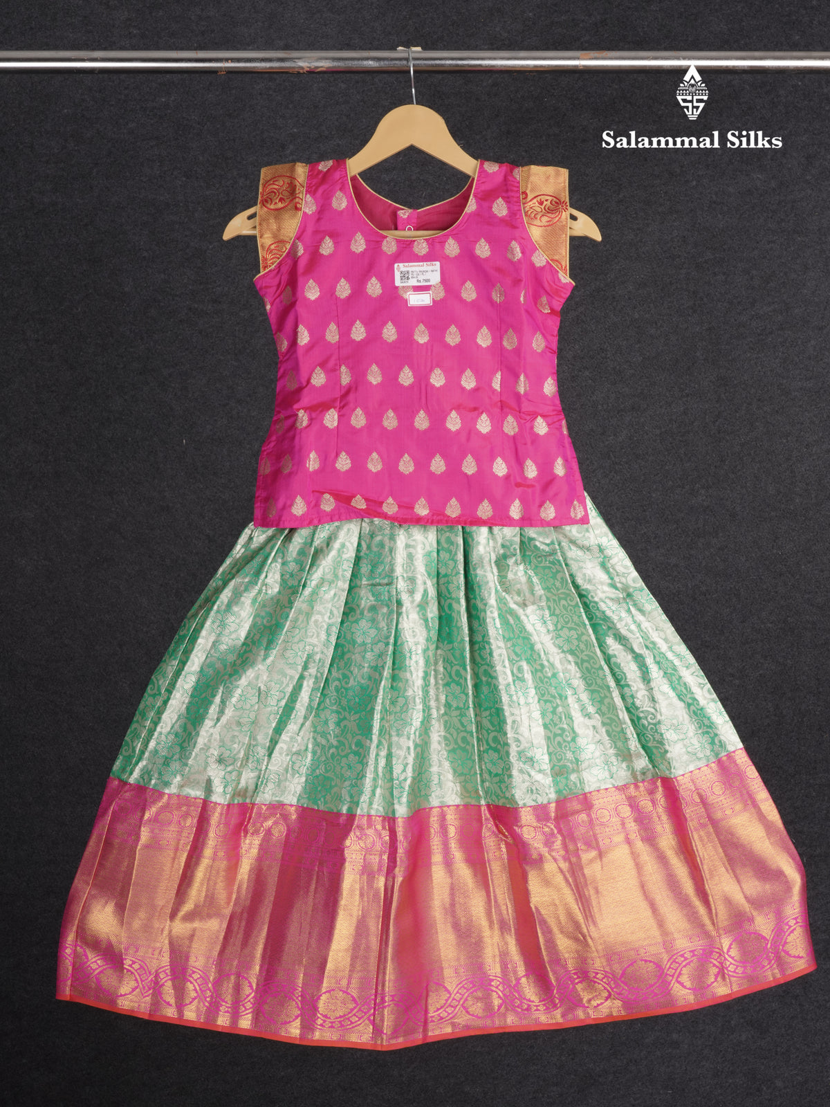 Readymade Pure Silk Pattu Pavadai - Magenta Pink With Ligtht Green (5 TO 6 Yrs)