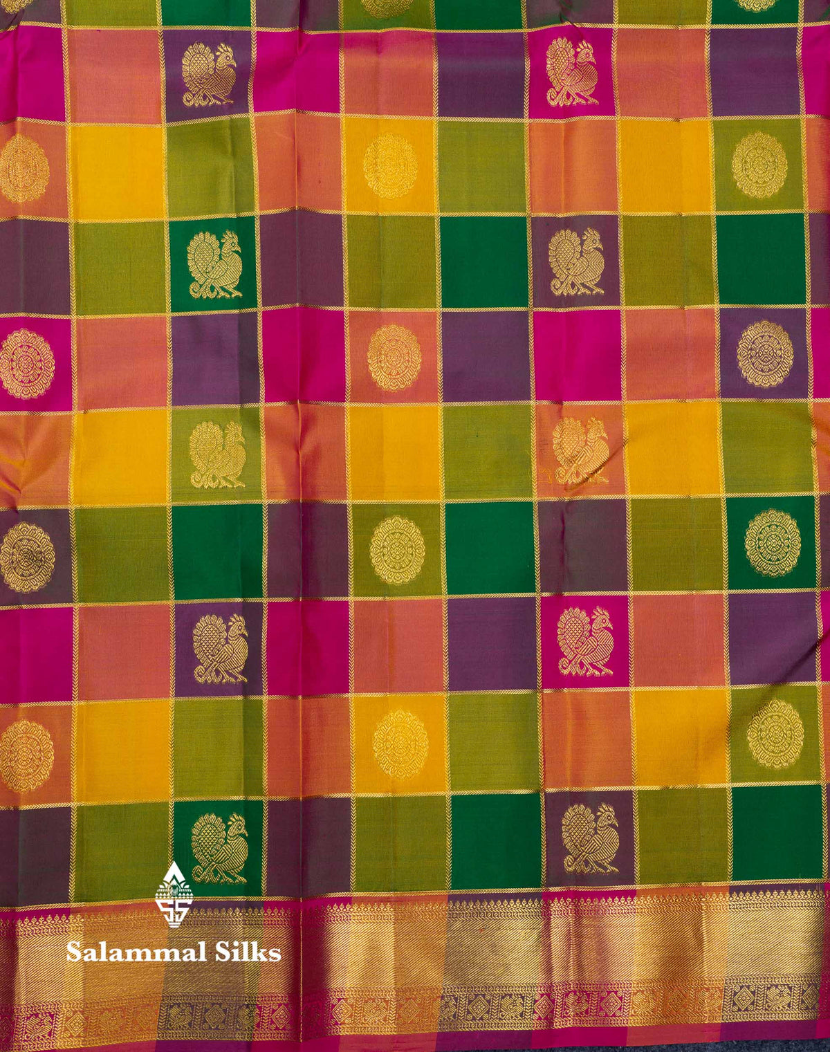 Beautiful Paalum Pazham Checks Pure Kanjivaram Silk Saree With Traditional Border